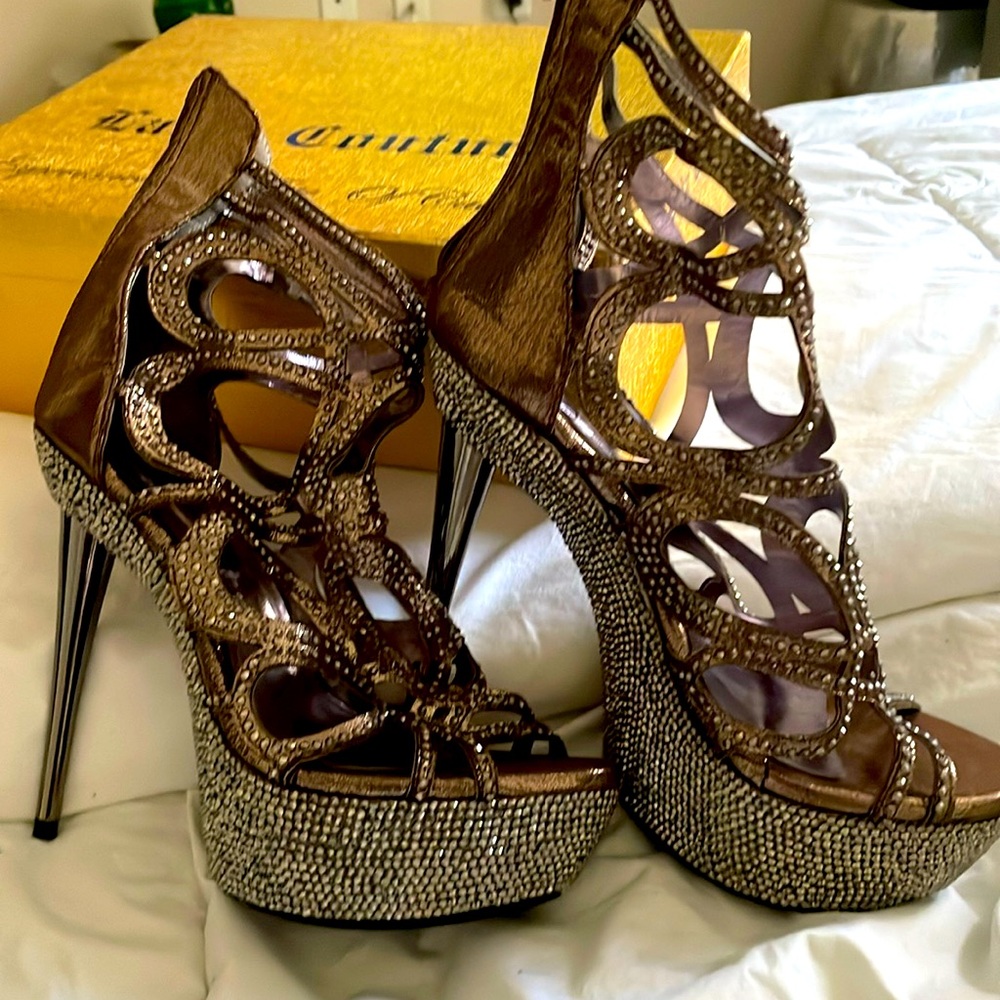 6 inch Platform Heels, Brown Metallic /Rhinestones